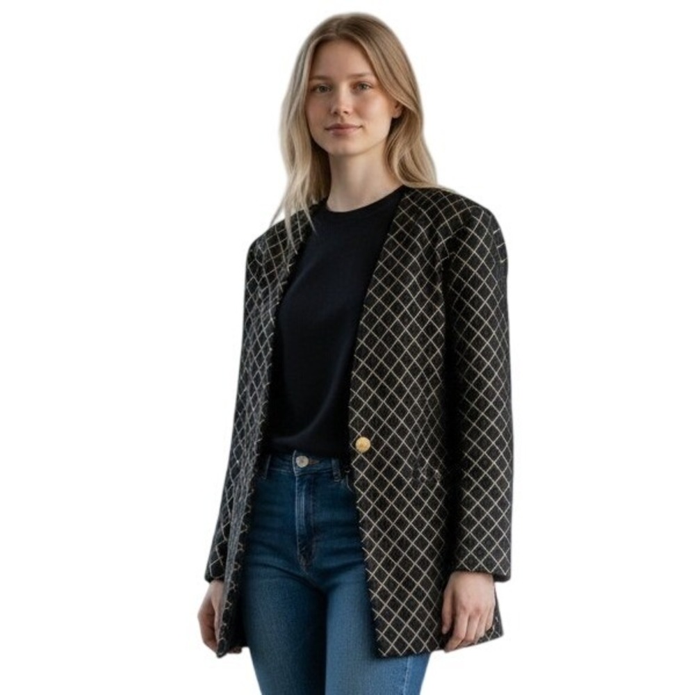 Rouie Vintage Quilted Blazer Womens 10 Black‎ Metallic Gold Diamond Made Canada
